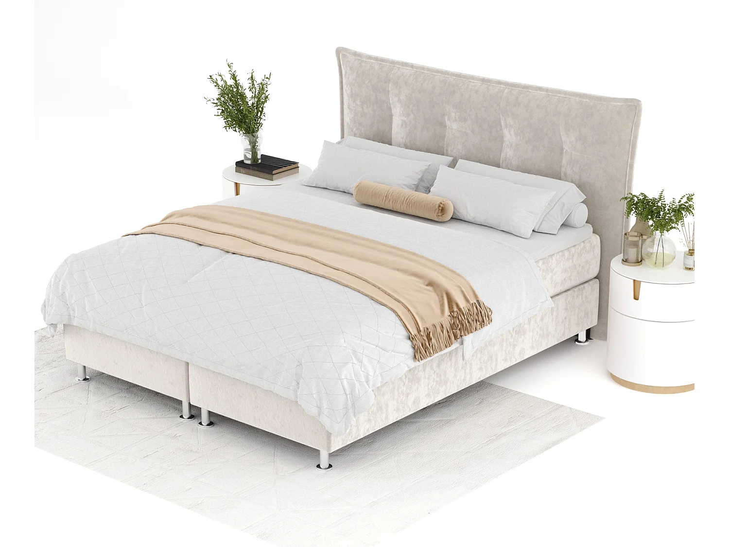 Lit boxspring en tissu velours Minori - matelas - surmatelas - 140x200 cm - beige clair