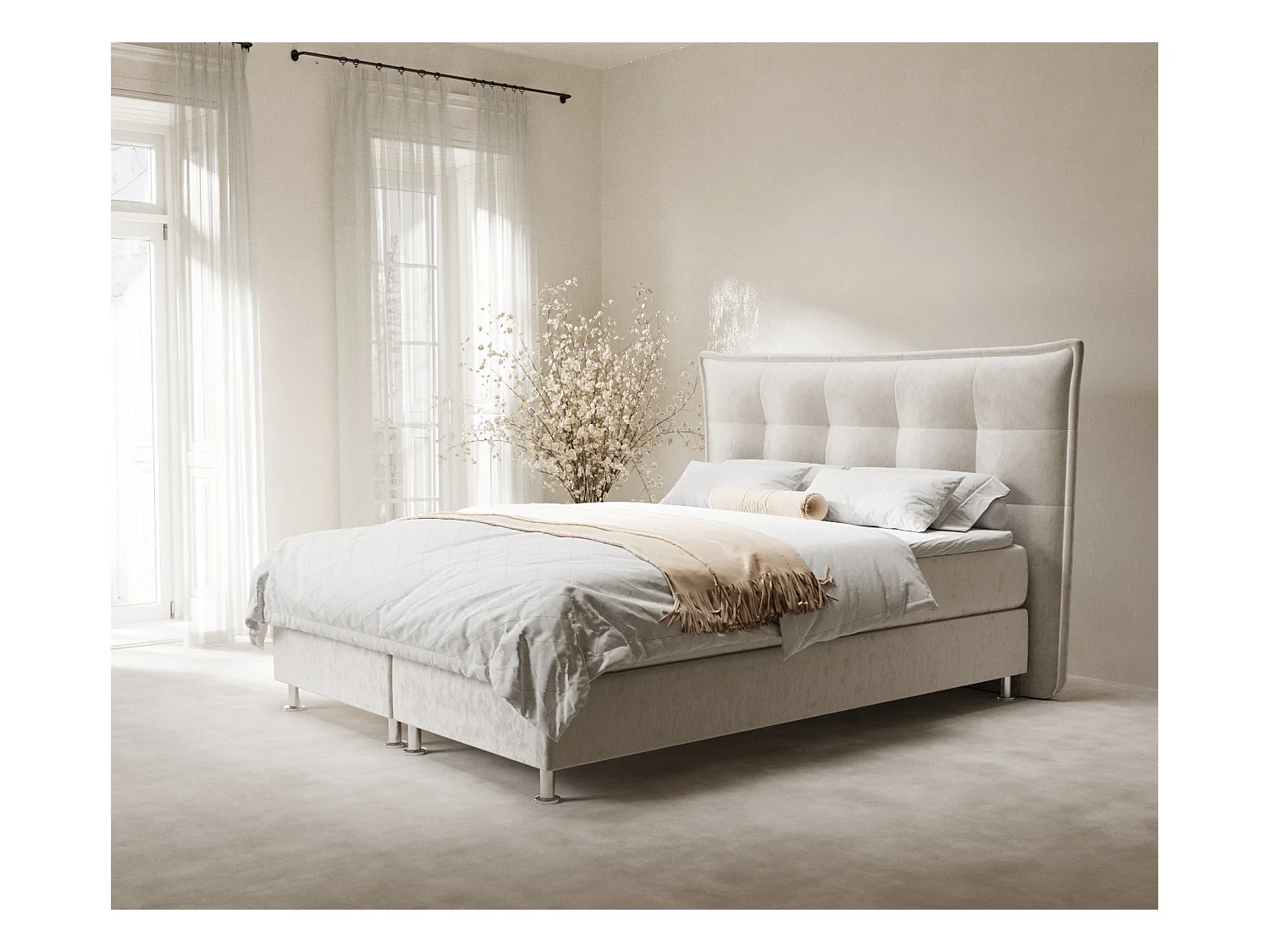 Lit boxspring en tissu velours Minori - matelas - surmatelas - 140x200 cm - beige clair