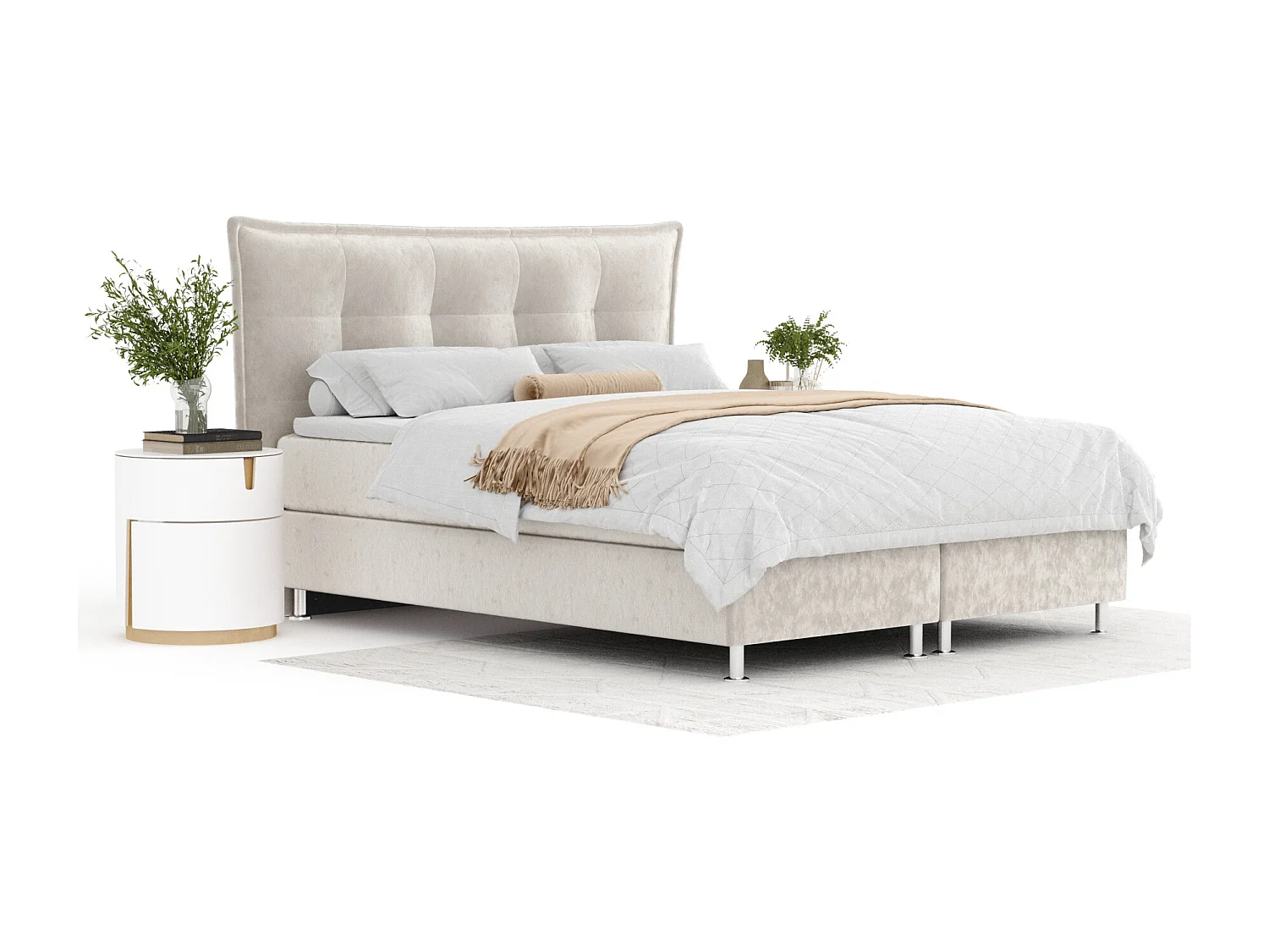 Lit boxspring en tissu velours Minori - matelas - surmatelas - 140x200 cm - beige clair