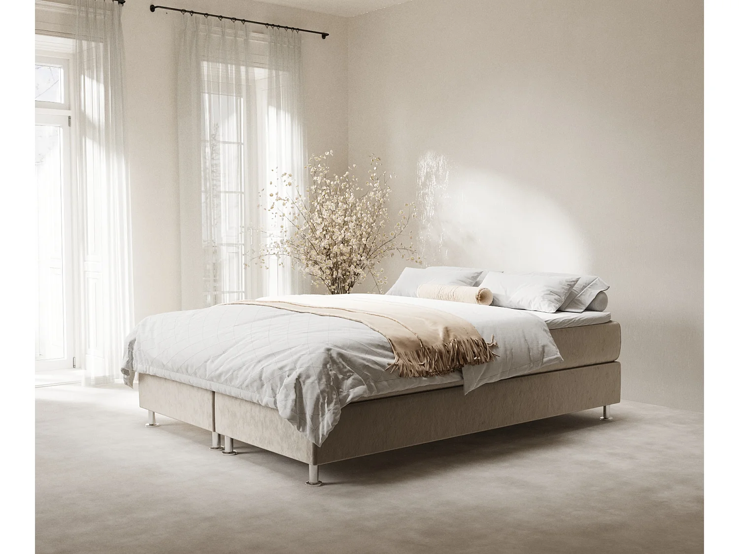 Boxspringbett aus Samtstoff Sub - Matratze - Toppermatratze - 160x200 cm - beige