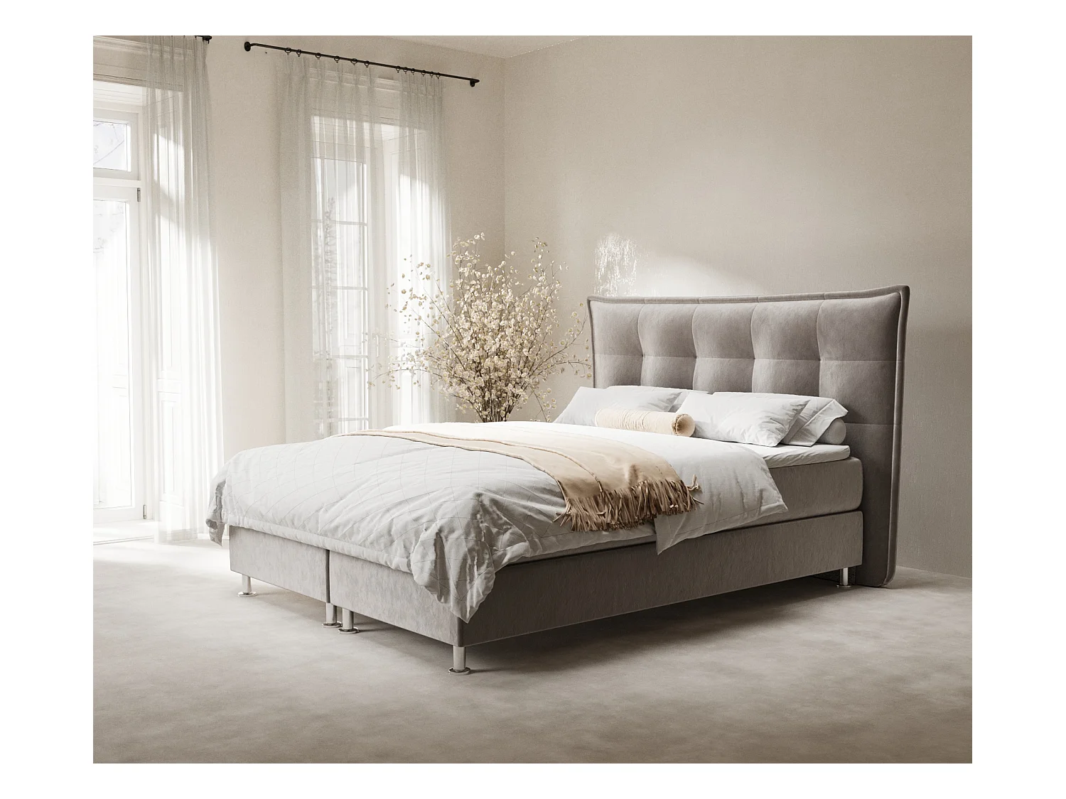 Lit boxspring en tissu velours Minori - matelas - surmatelas - 160x200 cm - taupe