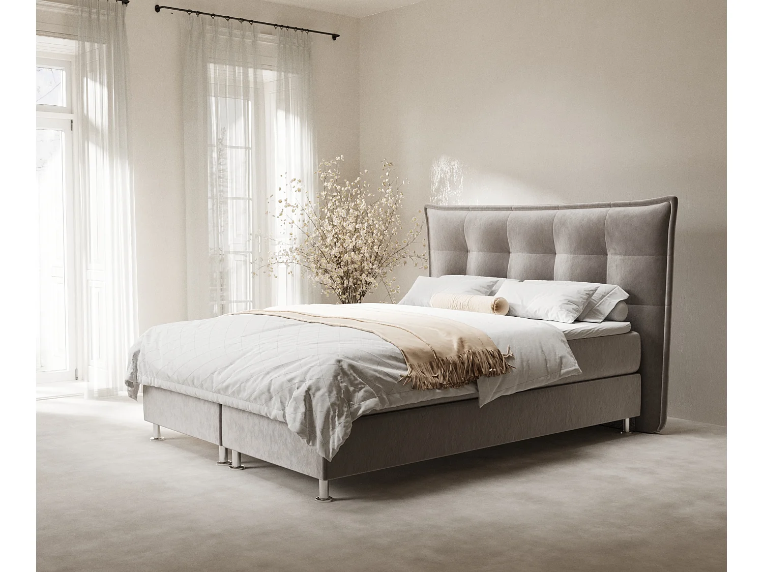 Lit boxspring en tissu velours Minori - matelas - surmatelas - 160x200 cm - taupe