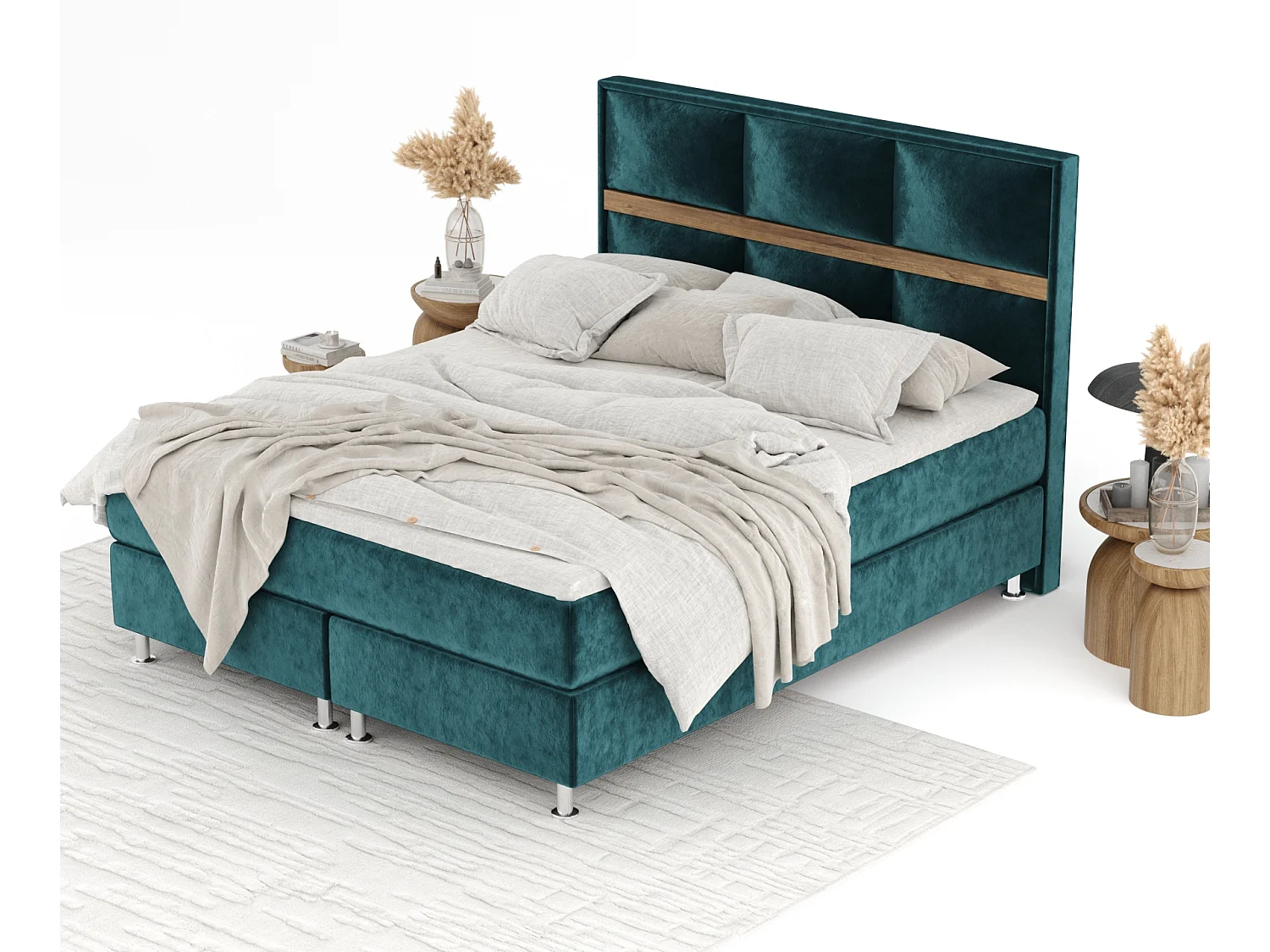 Boxspringbett aus Samtstoff Soto - Matratze - Toppermatratze - 160x200 cm - türkisfarbe