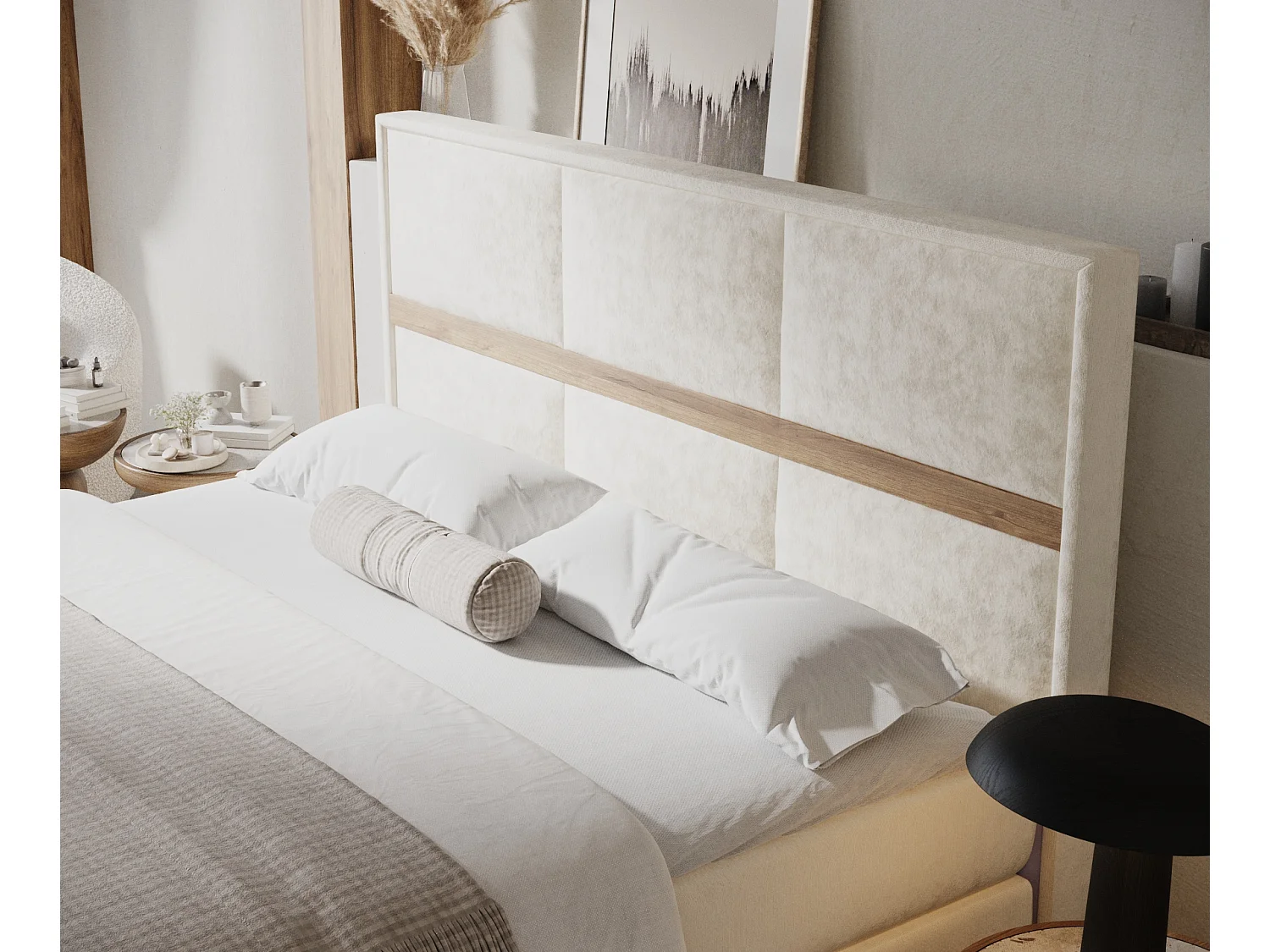 Lit boxspring en tissu velours Soto - matelas - surmatelas - 160x200 cm - creme