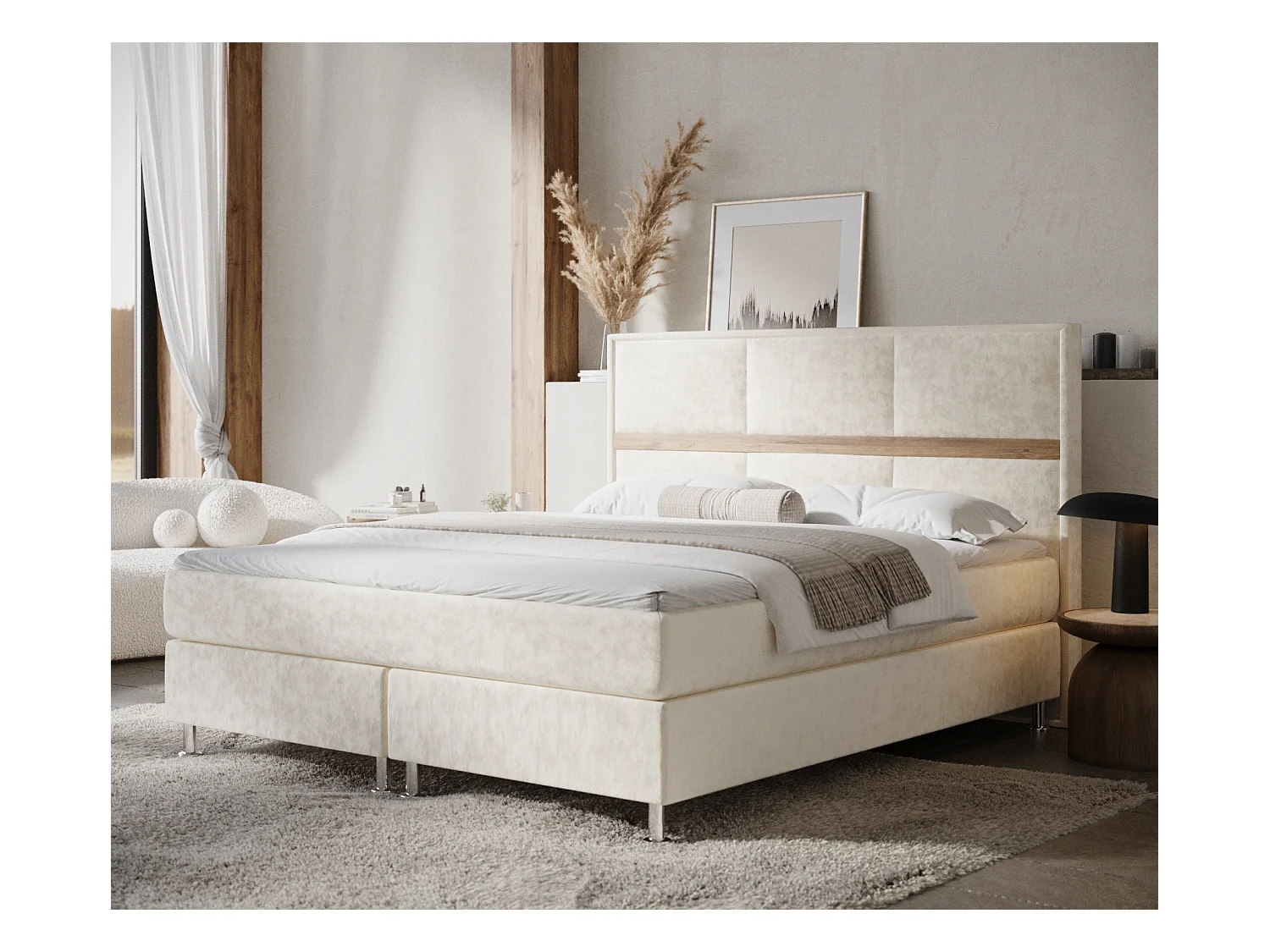 Lit boxspring en tissu velours Soto - matelas - surmatelas - 160x200 cm - creme