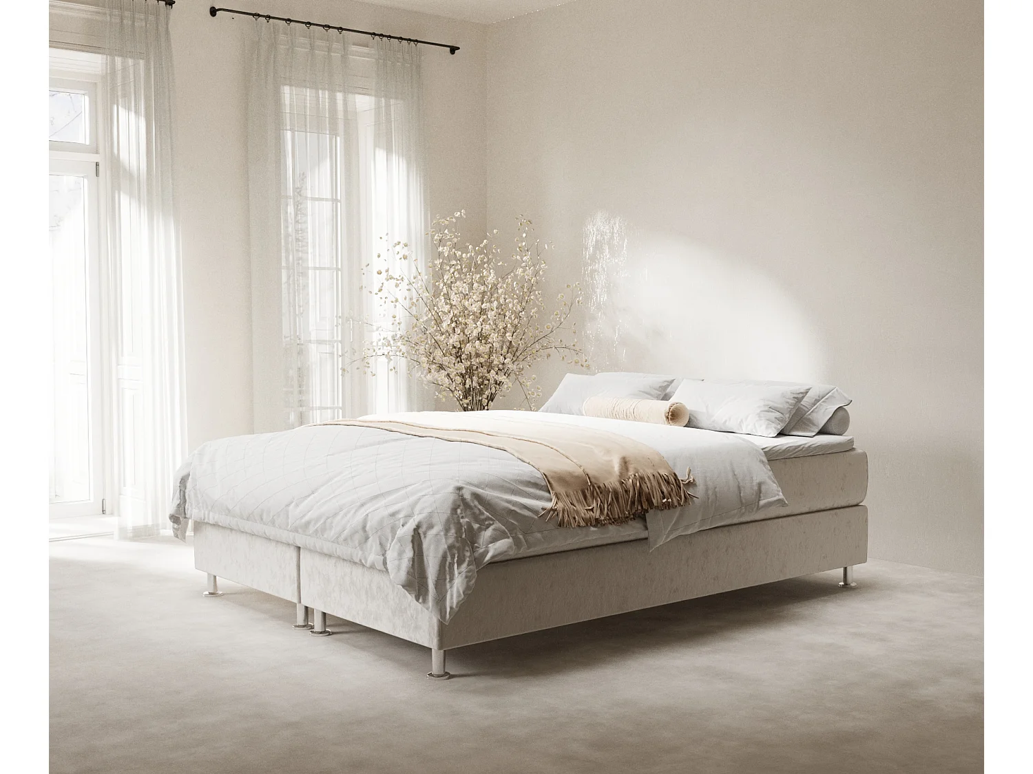 Lit boxspring en tissu velours Sub - matelas - surmatelas - 140x200 cm - beige clair