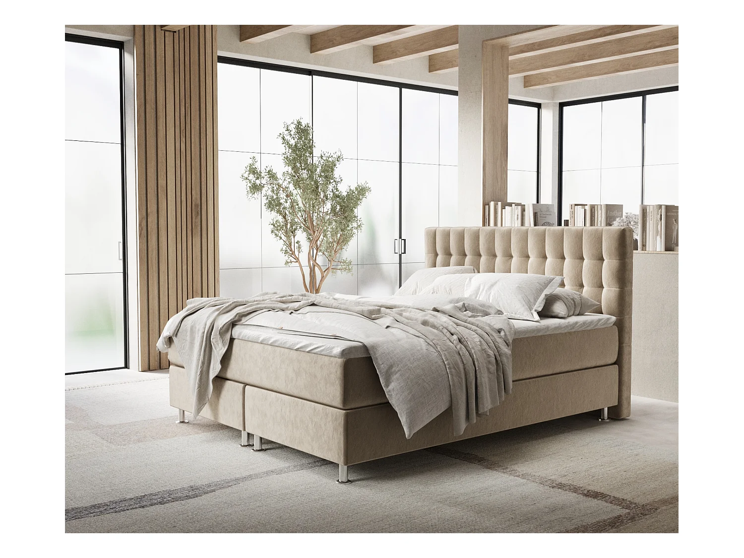 Lit boxspring en tissu velours Sorrento - matelas - surmatelas - 140x200 cm - beige