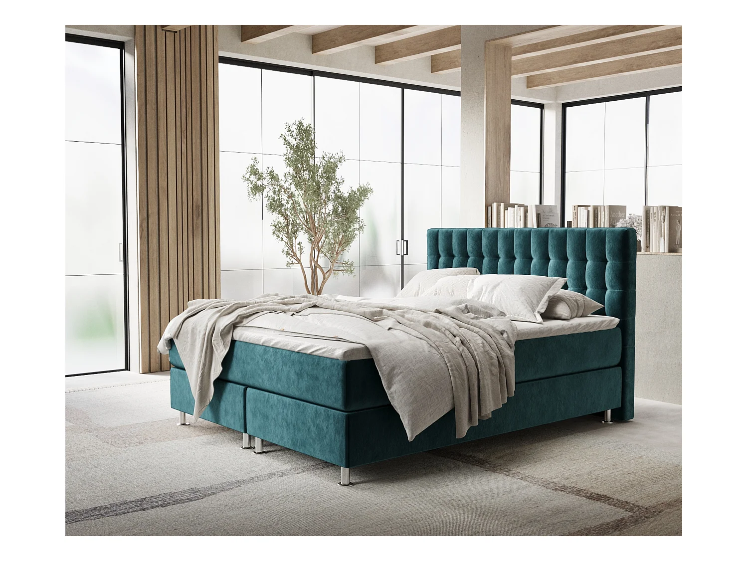 Lit boxspring en tissu velours Sorrento - matelas - surmatelas - 200x200 cm - turquoise