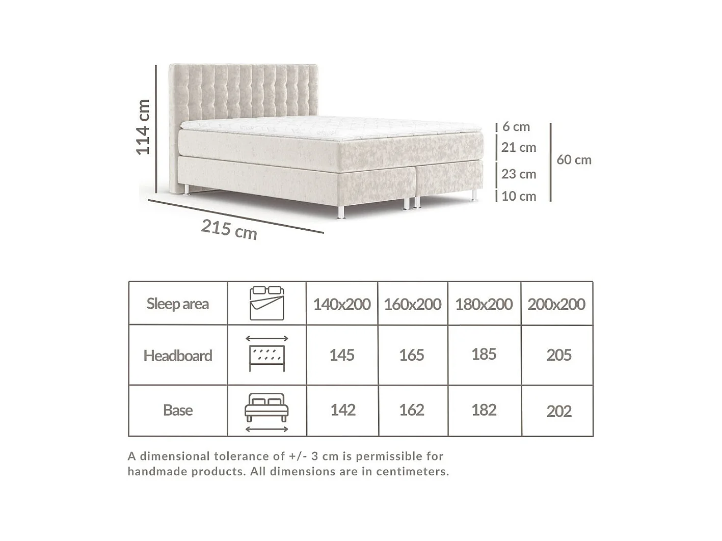 Lit boxspring en tissu velours Sorrento - matelas - surmatelas - 160x200 cm - creme