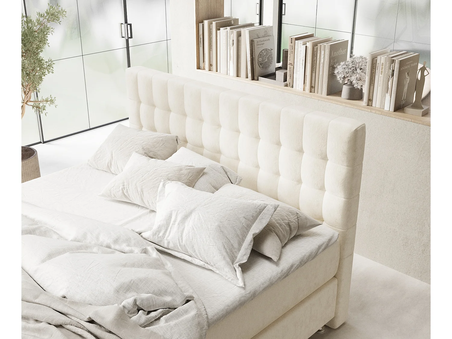 Boxspringbett aus Samtstoff Sorrento - Matratze - Toppermatratze - 160x200 cm - creme