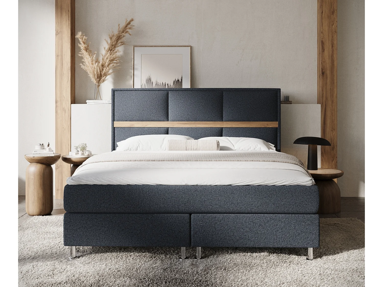 Boxspringbett aus Webstoff Soto - Matratze - Toppermatratze - 200x200 cm - schwarz