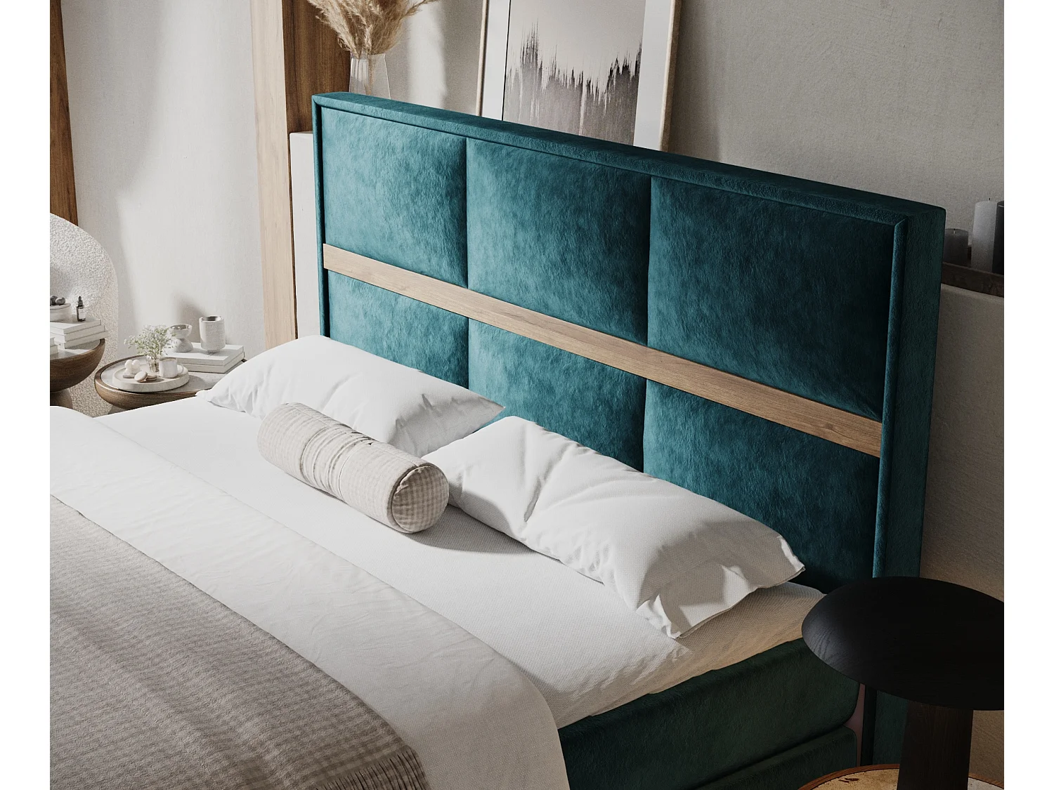 Boxspringbett aus Samtstoff Soto - Matratze - Toppermatratze - 180x200 cm - türkisfarbe