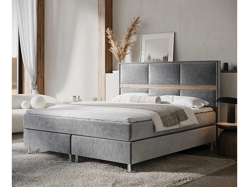 Boxspringbett aus Samtstoff Soto - Matratze - Toppermatratze - 160x200 cm - grau