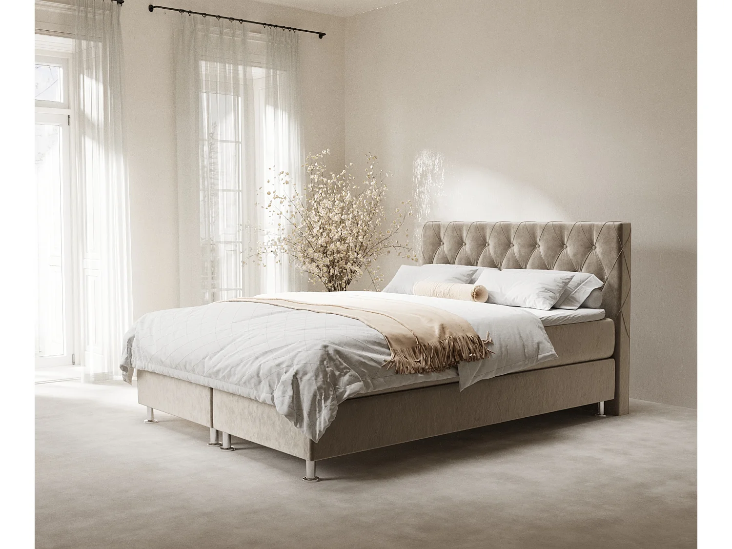Lit boxspring en tissu velours Otus - matelas - surmatelas - 160x200 cm - beige