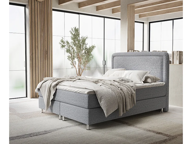Łóżko boxspring w tkaninie plecionej Salvi - materac - topper - 140x200 cm - szary