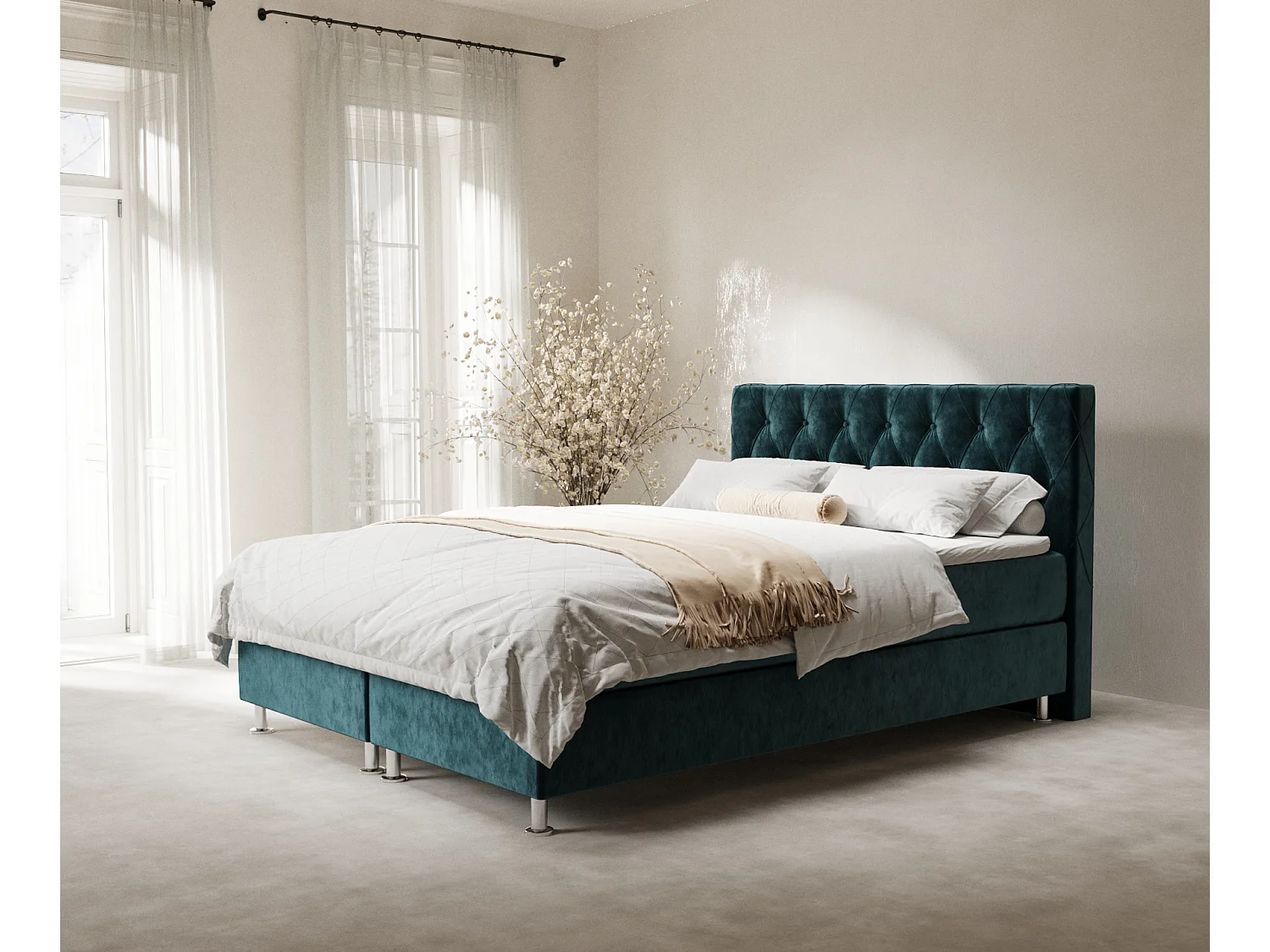 Lit boxspring en tissu velours Otus - matelas - surmatelas - 180x200 cm - turquoise