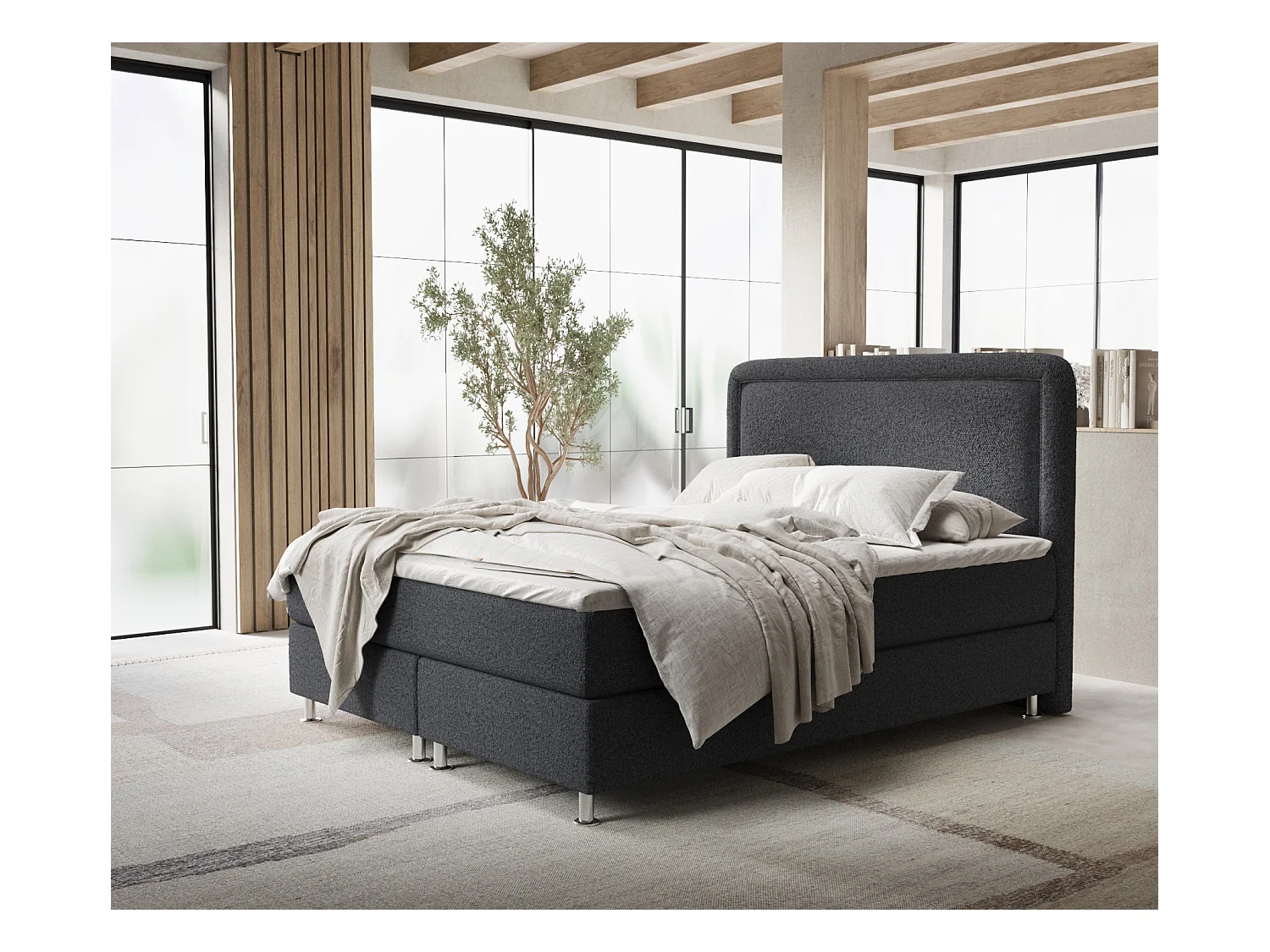 Lit boxspring en toile tissée Salvi - matelas - surmatelas - 200x200 cm - noir
