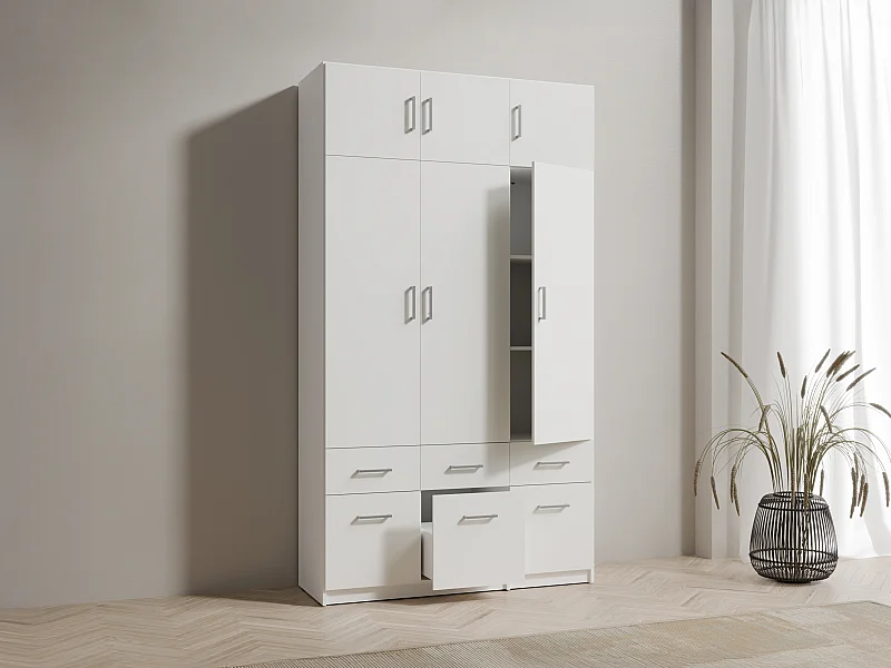 Armoire 3 portes et 6 tiroirs - L136 cm - Blanc + Réhausse - BELOMY