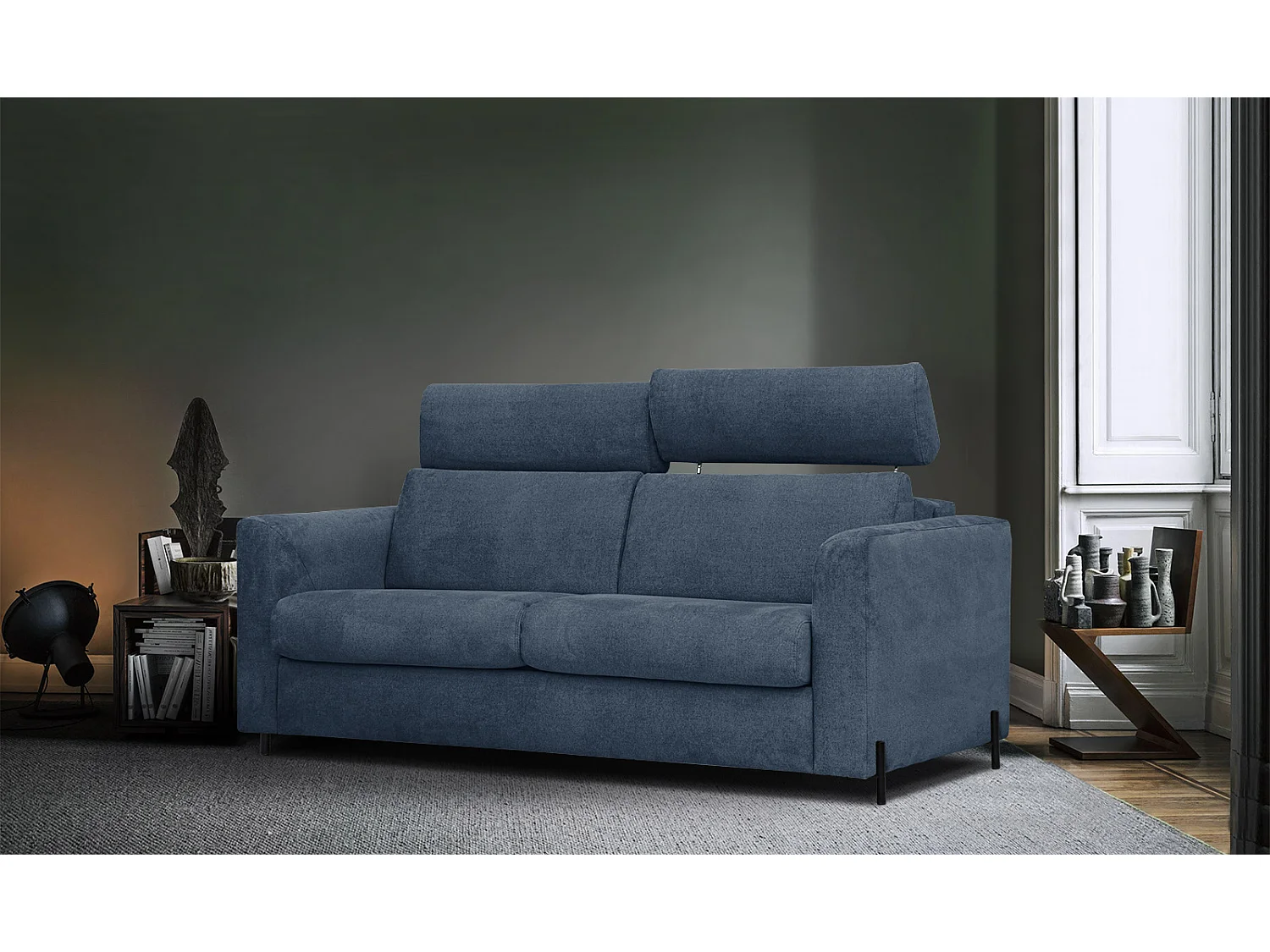 MEZO Sofa 3-Sitzer mit Schlaffunktion und verstellbare Kopfstützen, marineblau