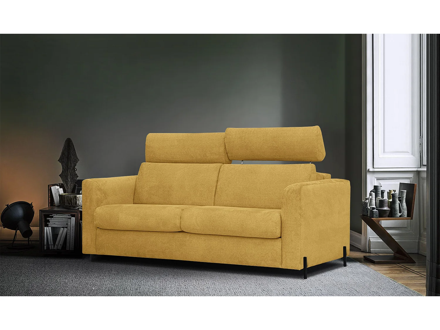 MEZO Sofa 3-Sitzer mit Schlaffunktion und verstellbare Kopfstützen, gelb