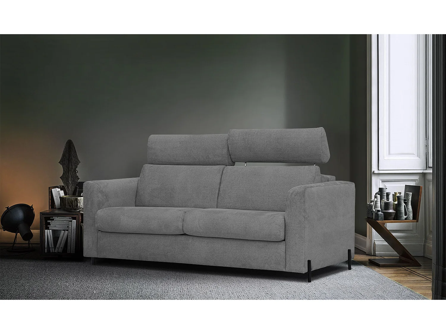 MEZO Sofa 3-Sitzer mit Schlaffunktion und verstellbare Kopfstützen, grau