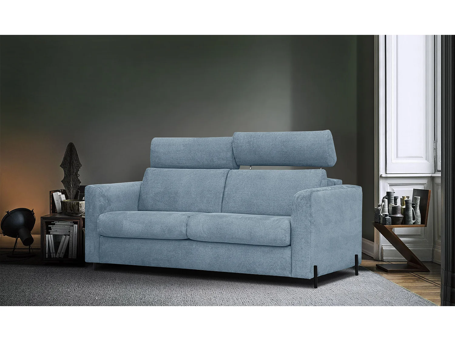 MEZO Sofa 3-Sitzer mit Schlaffunktion und verstellbare Kopfstützen, blau