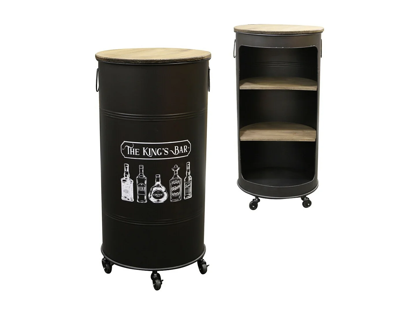 Bar móvil abierto con ruedas de estilo industrial colección KING''S BAR. Diámetro 50cm, Altura 100cm.