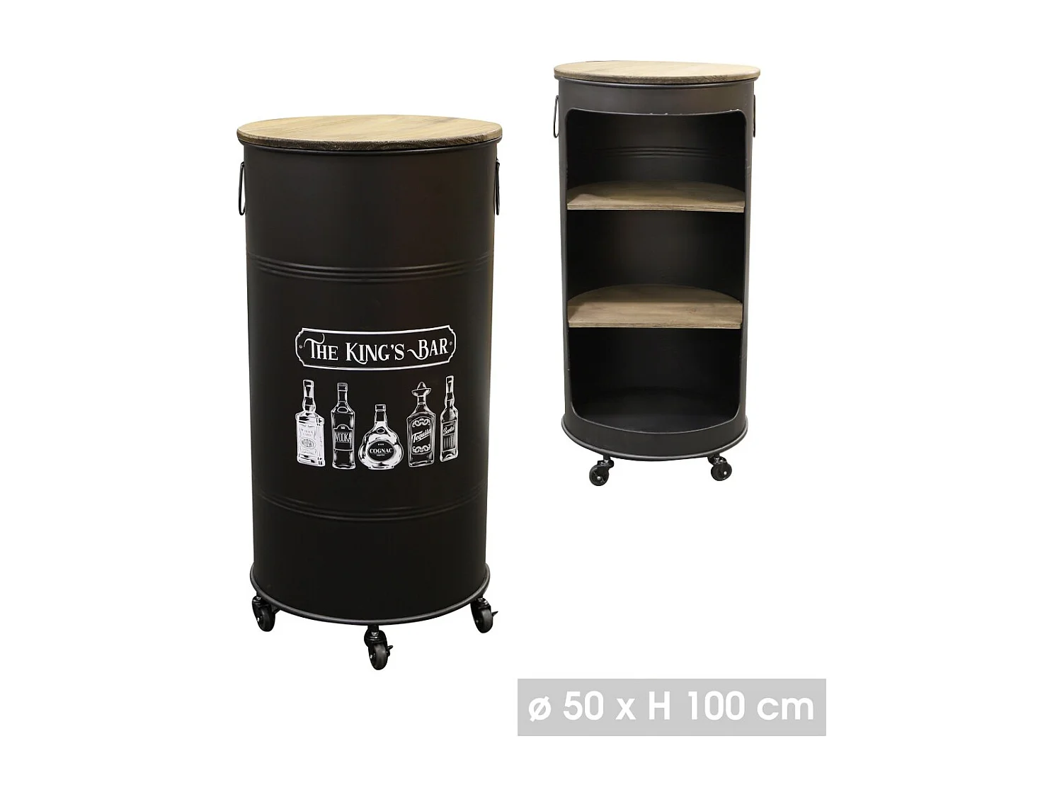 Bar móvil abierto con ruedas de estilo industrial colección KING''S BAR. Diámetro 50cm, Altura 100cm.