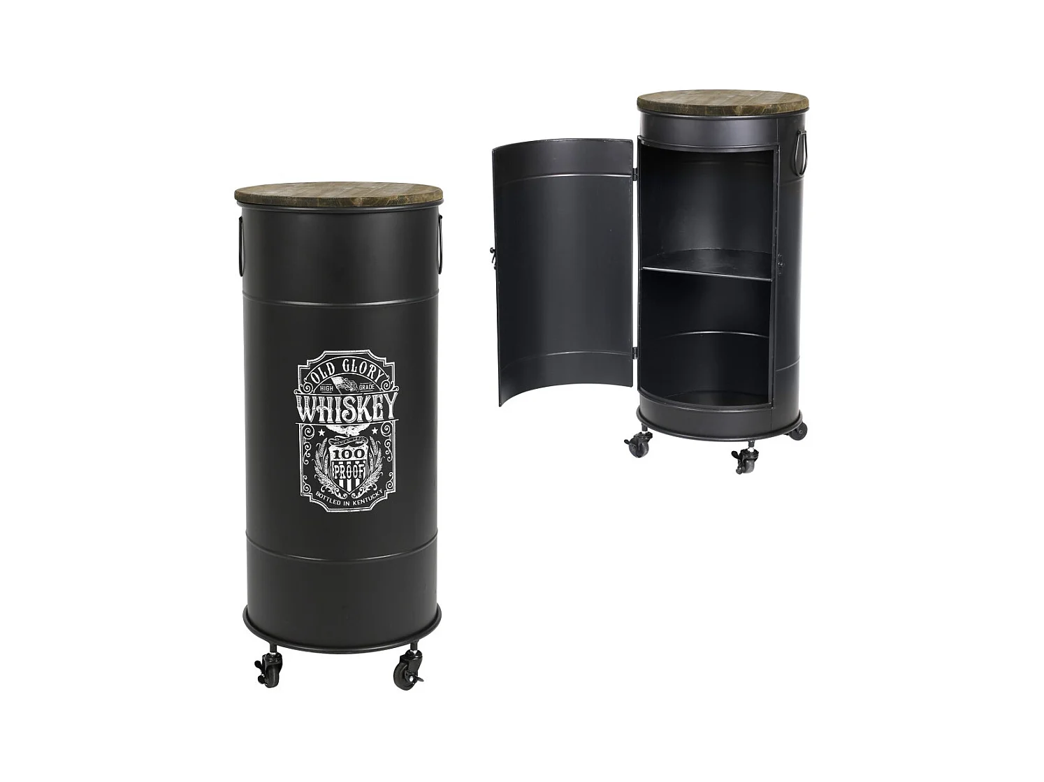 Bar bidon avec porte et roulettes – Design old glory, dimensions 40x40x85 cm