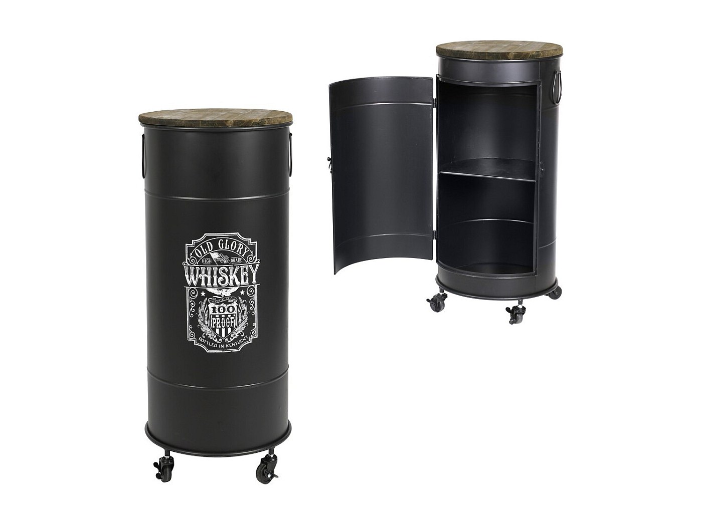 Meublorama Bar Bidon Industriel Avec Roulettes - Style Old Glory, Porte Battante - 40 Cm De Diamètre, 85 Cm De Hauteur - Métal Vintage