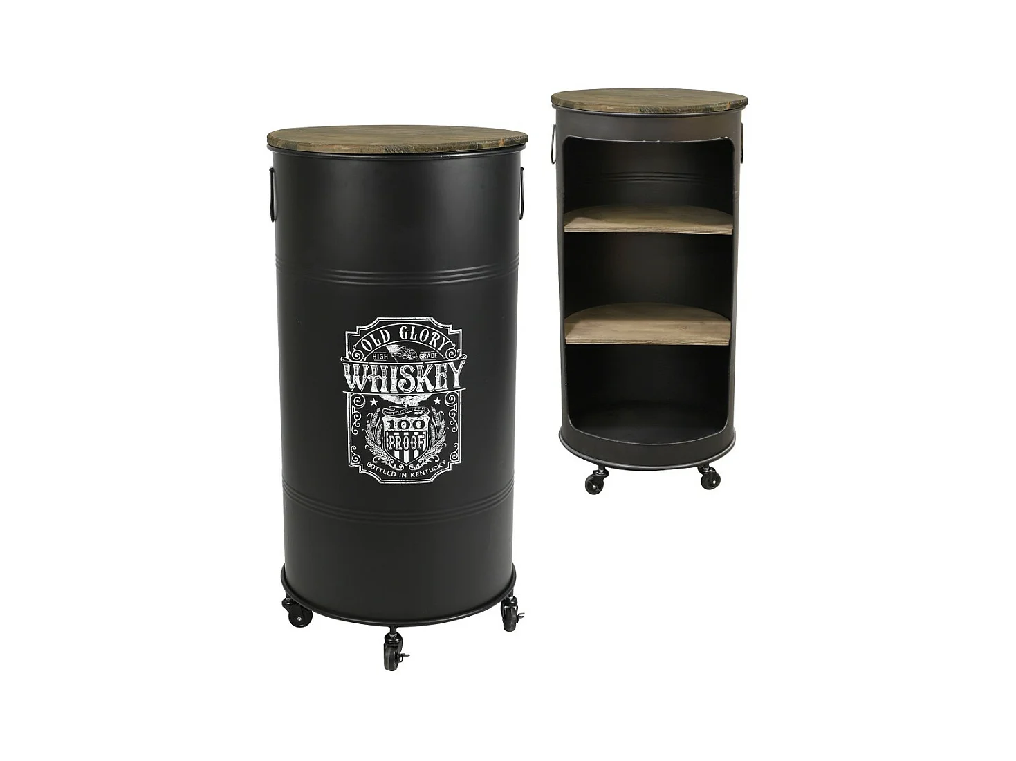Bar bidon ouvert avec roulettes style industriel collection OLD GLORY. Diamètre 50cm, hauteur 100cm