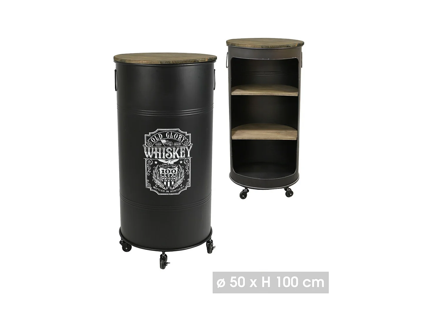 Bar bidon ouvert avec roulettes style industriel collection OLD GLORY. Diamètre 50cm, hauteur 100cm