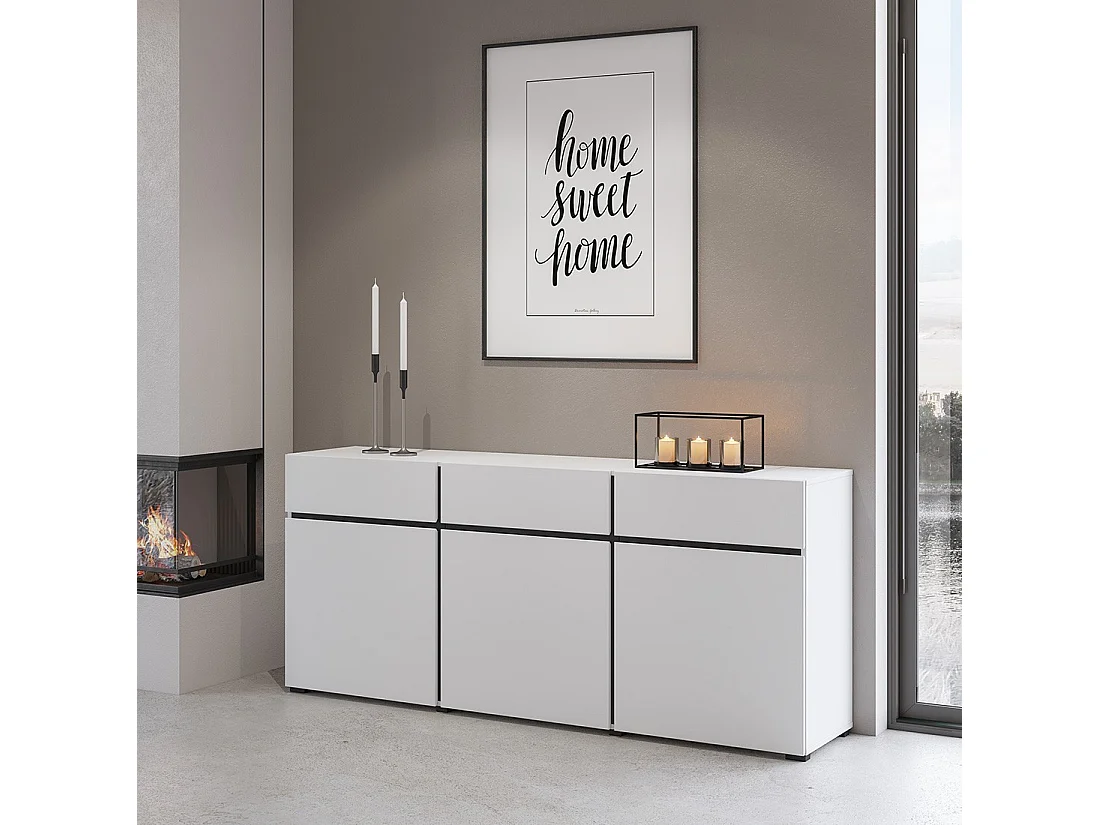 Buffet in wit en zwart 180cm collectie HAVANA. Design dressoir met 3 deuren en 3 laden.