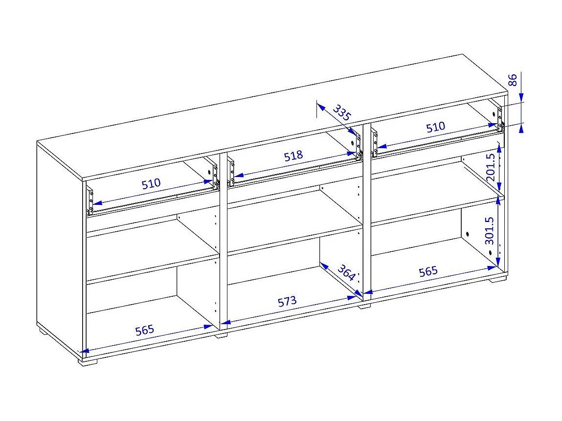 Buffet in wit en zwart 180cm collectie HAVANA. Design dressoir met 3 deuren en 3 laden.