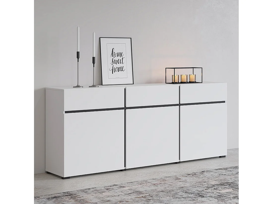 Buffet in wit en zwart 180cm collectie HAVANA. Design dressoir met 3 deuren en 3 laden.