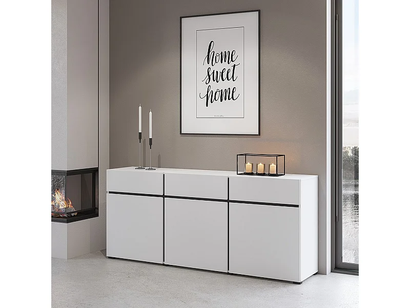 Buffet in wit en zwart 180cm collectie HAVANA. Design dressoir met 3 deuren en 3 laden.