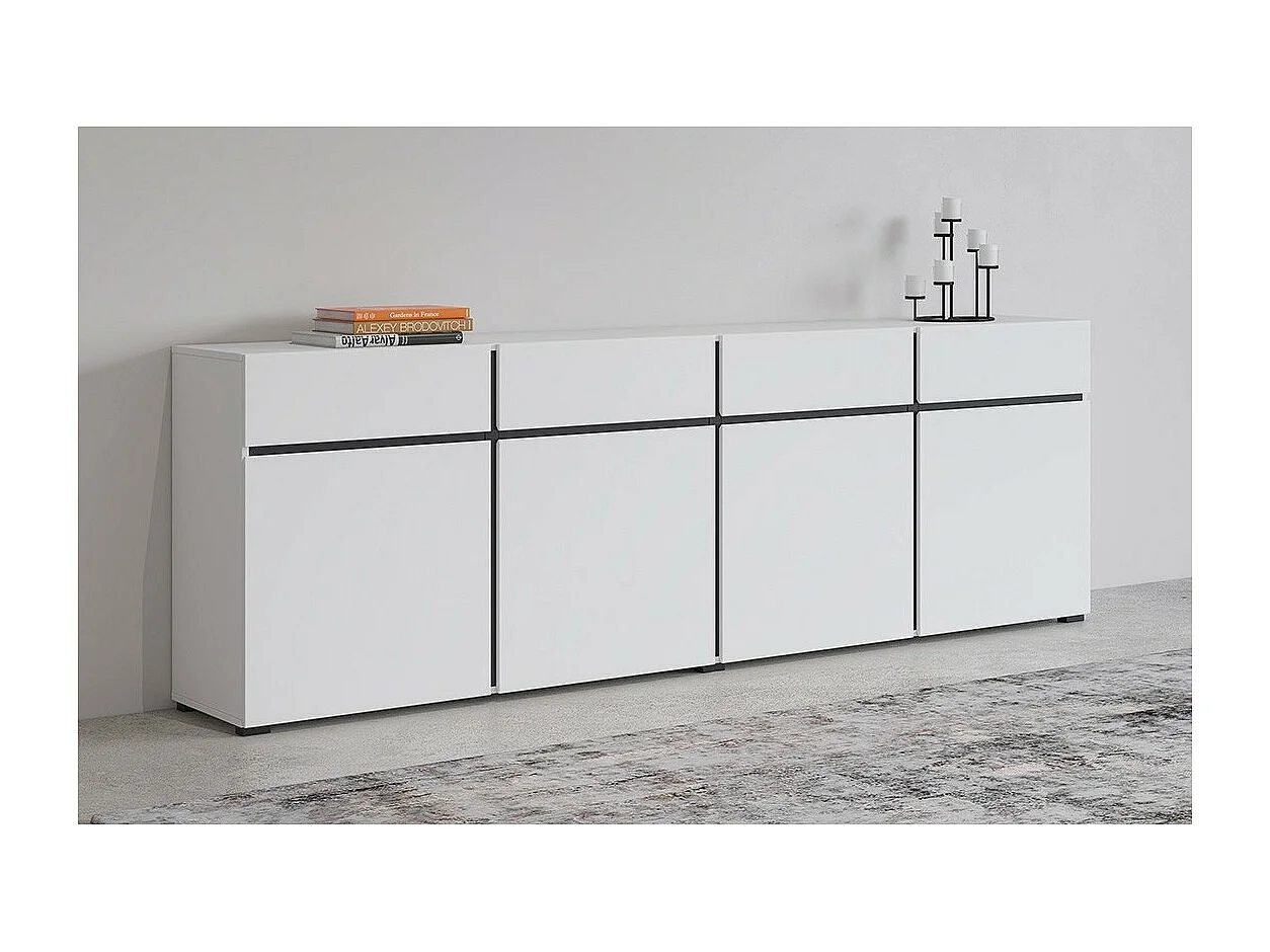 Buffet XL color blanco y negro 225cm colección HAVANA. Aparador de diseño con 4 puertas y 4 cajones.