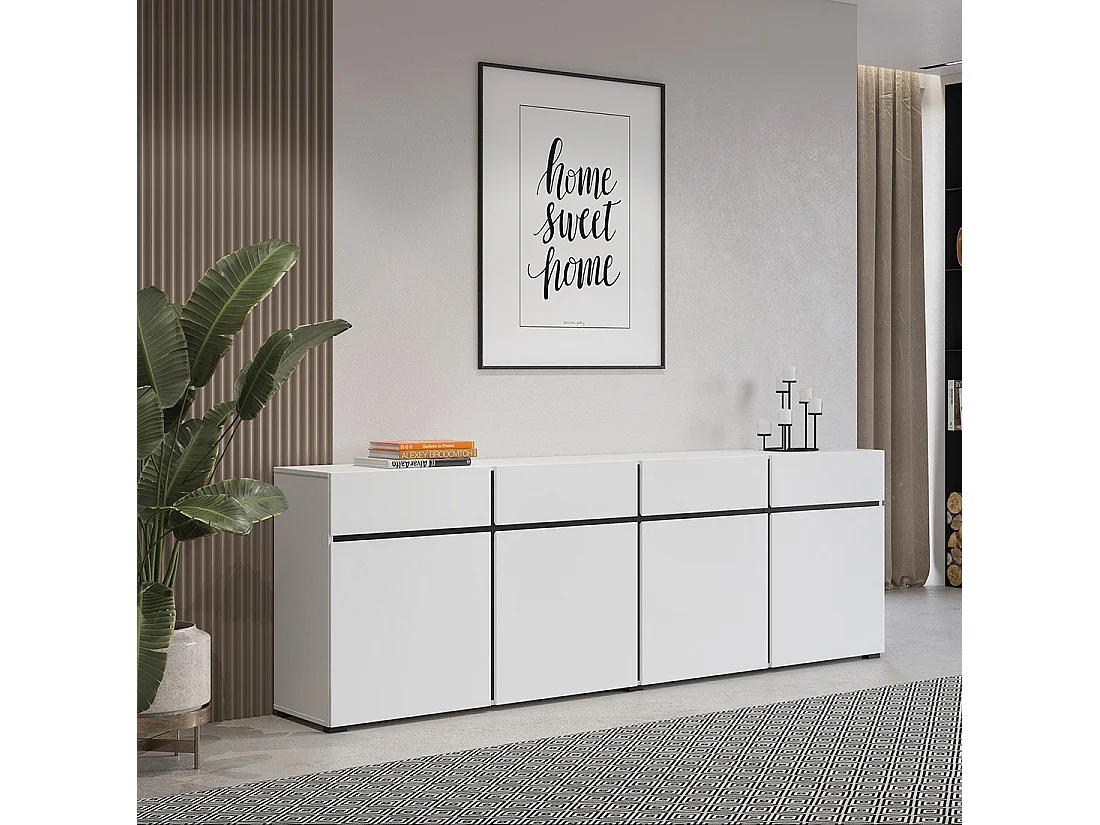 Buffet XL in Weiß und Schwarz 225cm Kollektion HAVANA. Sideboard im Design mit 4 Türen und 4 Schubladen.