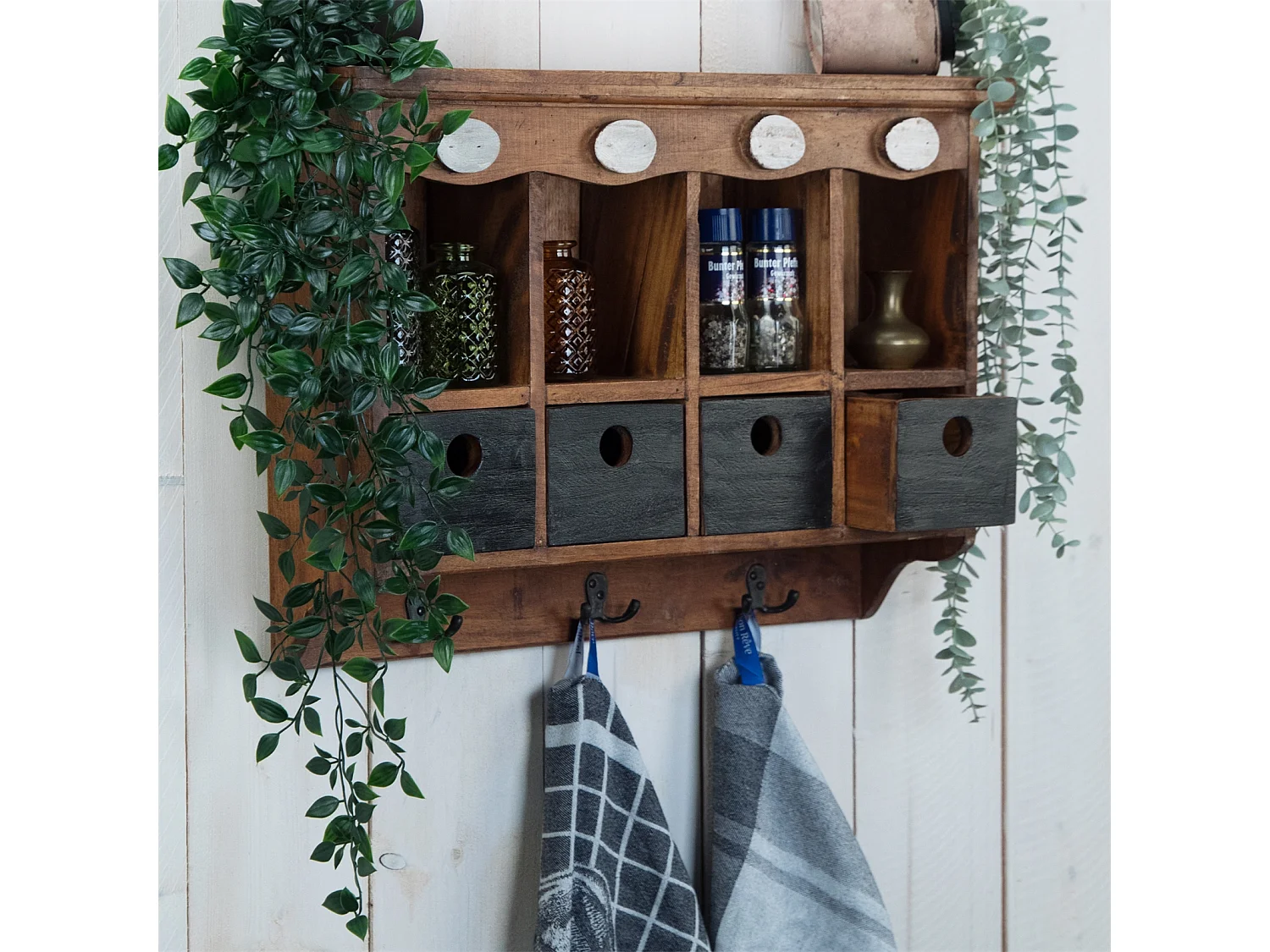 ÉTAGÈRE MURALE Luna Bois de mahogany, avec 4 tiroirs et 3 crochets couleurs naturelles-noir