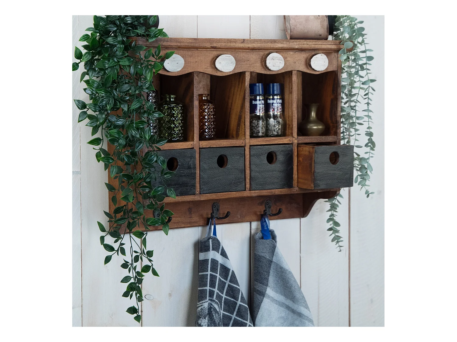 ÉTAGÈRE MURALE Luna Bois de mahogany, avec 4 tiroirs et 3 crochets couleurs naturelles-noir
