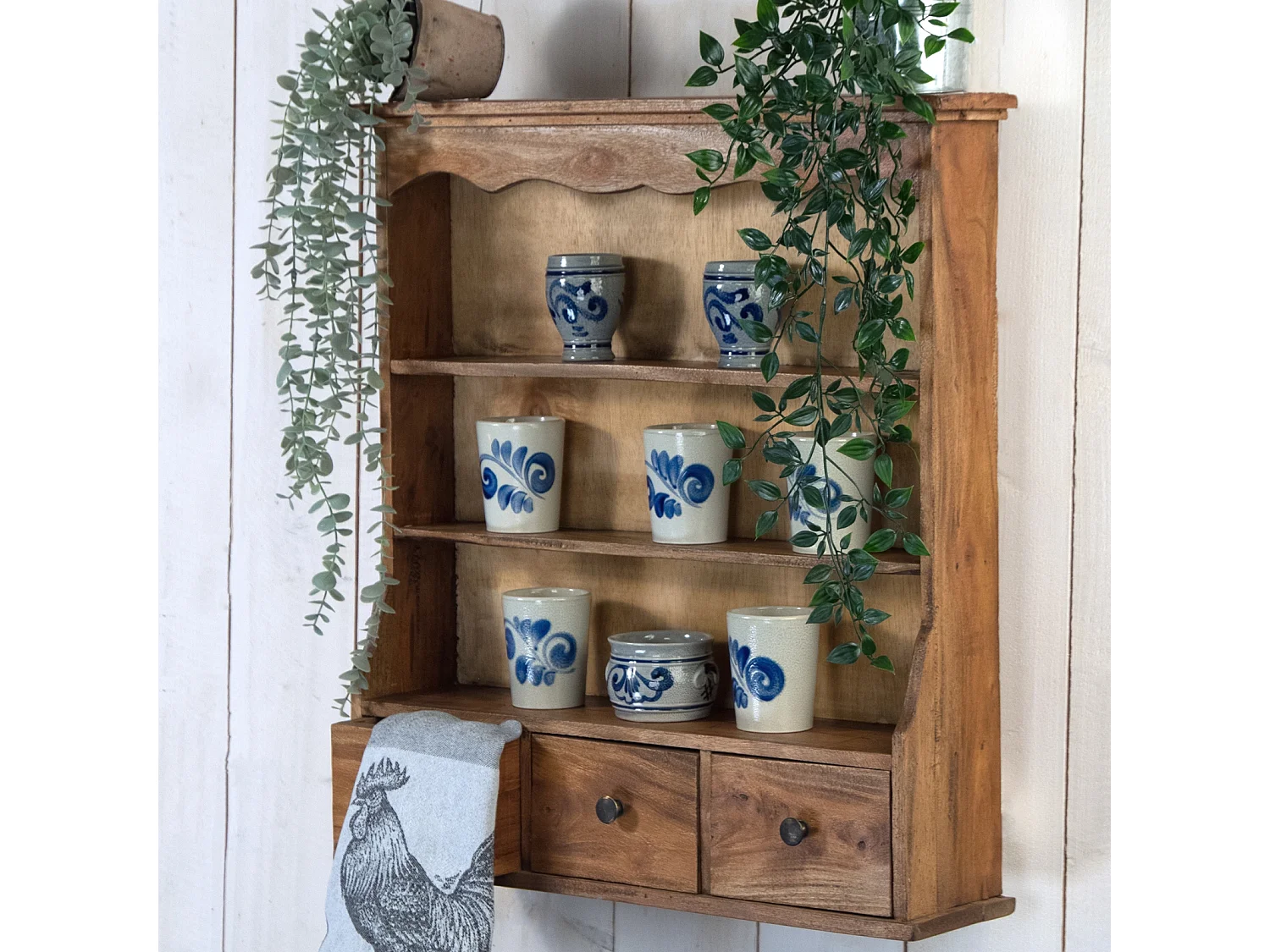 ÉTAGÈRE MURALE Nelia Bois massif de mahogany, 3 niveaux, 2 tiroirs couleurs naturelles