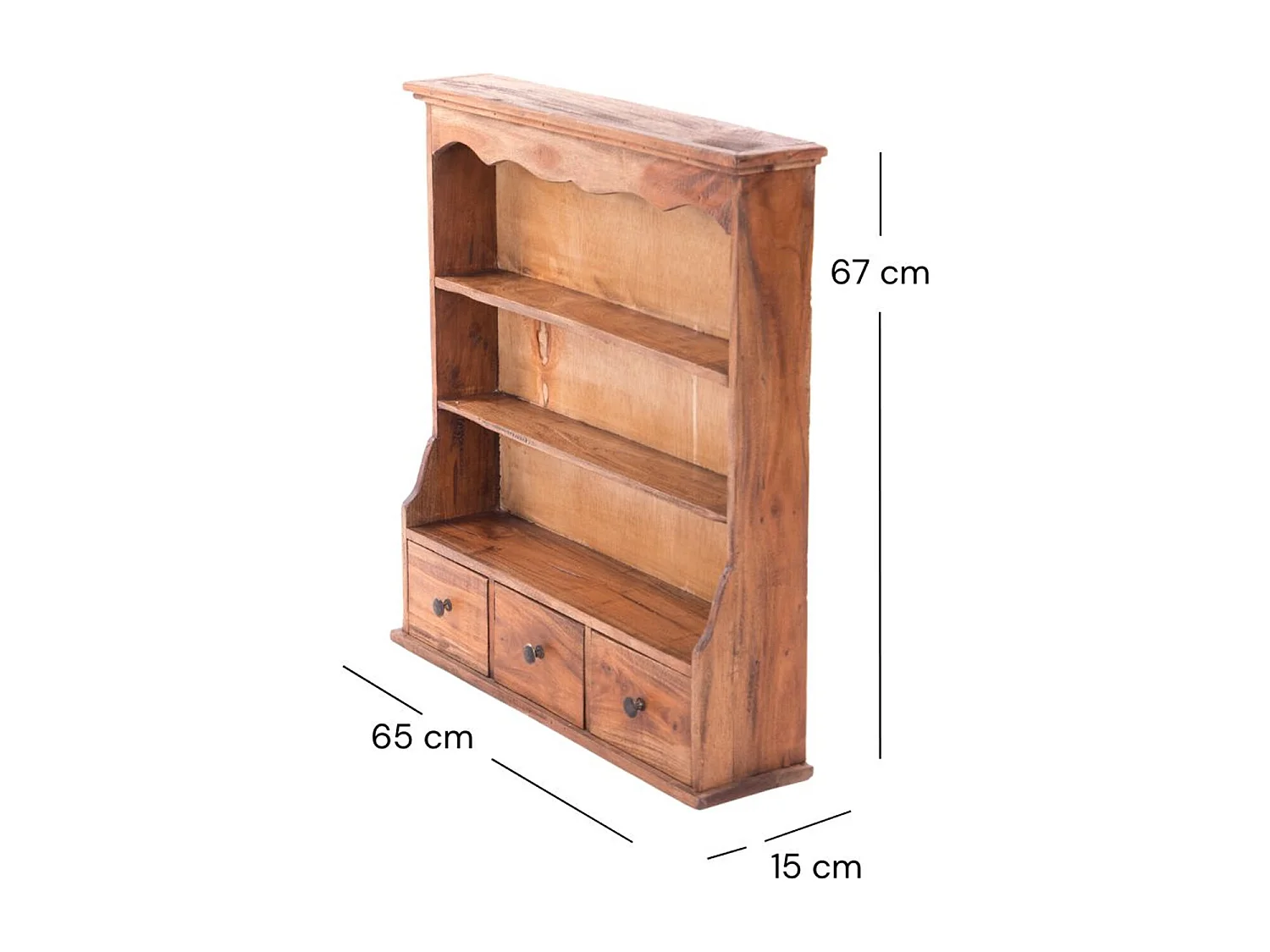 ÉTAGÈRE MURALE Nelia Bois massif de mahogany, 3 niveaux, 2 tiroirs couleurs naturelles