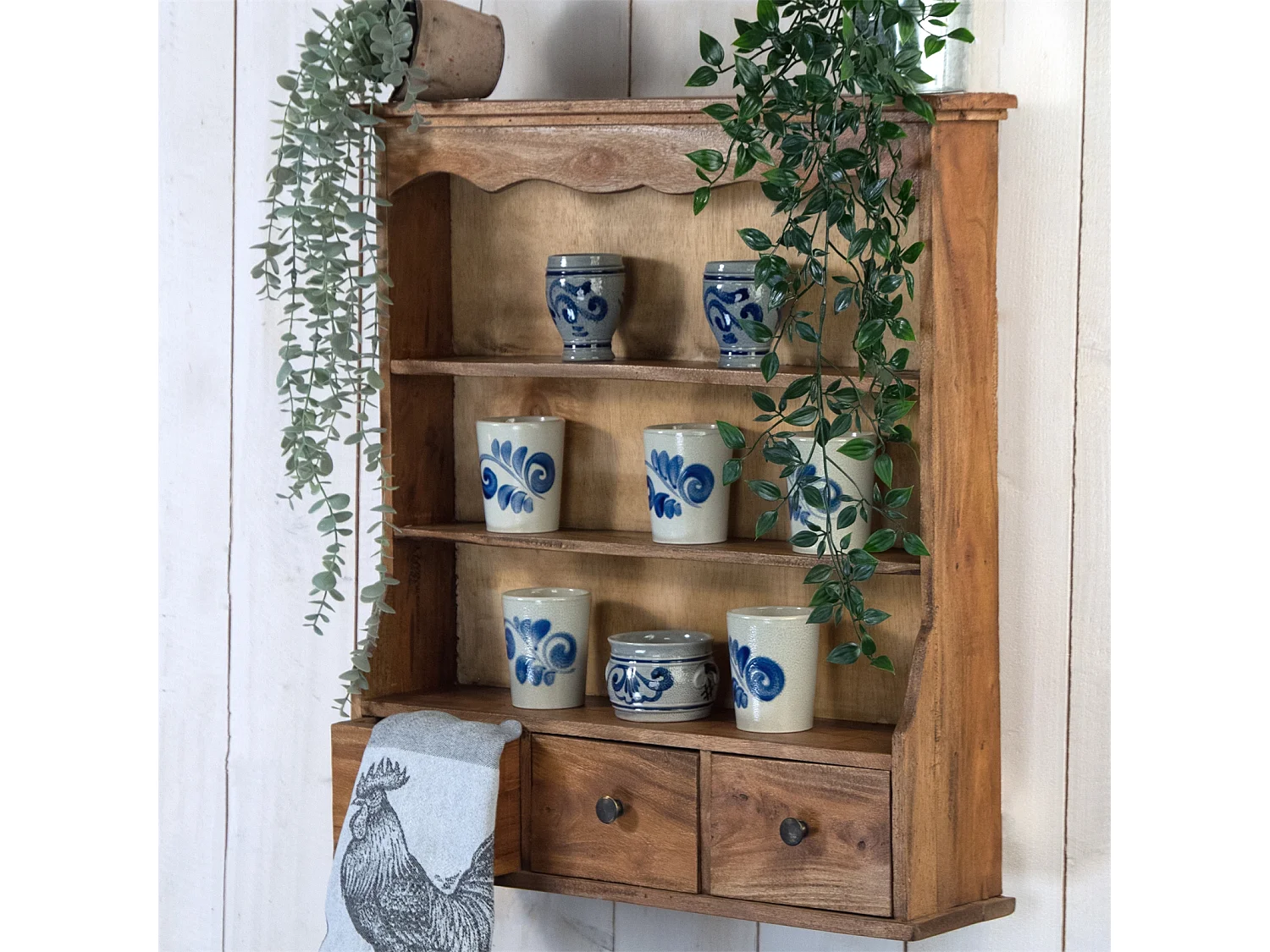 ÉTAGÈRE MURALE Nelia Bois massif de mahogany, 3 niveaux, 2 tiroirs couleurs naturelles