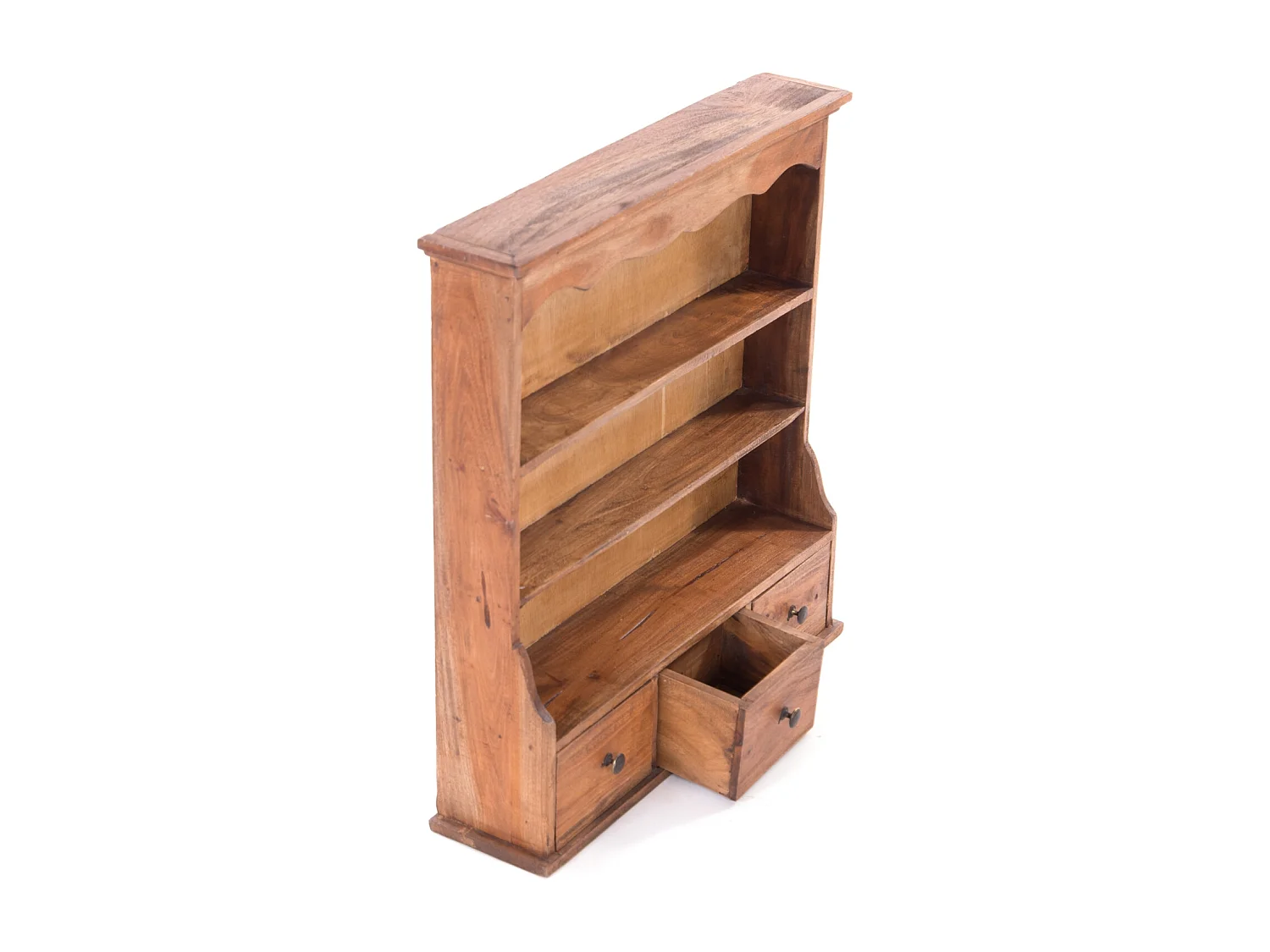 ÉTAGÈRE MURALE Nelia Bois massif de mahogany, 3 niveaux, 2 tiroirs couleurs naturelles