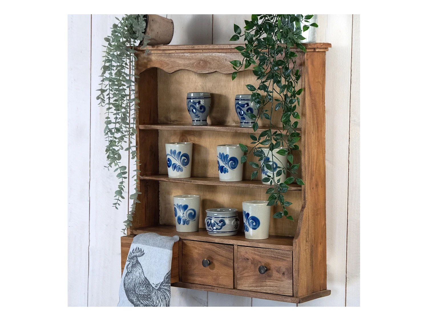 ÉTAGÈRE MURALE Nelia Bois massif de mahogany, 3 niveaux, 2 tiroirs couleurs naturelles
