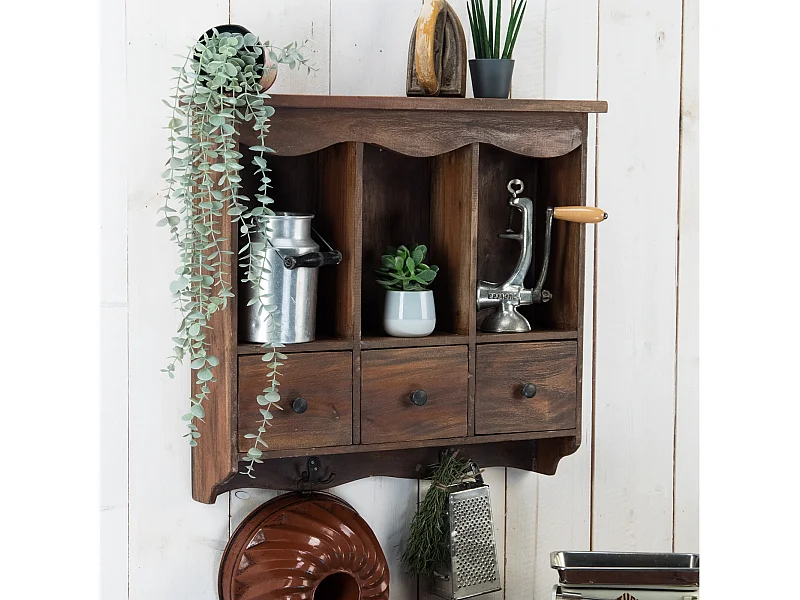 ÉTAGÈRE MURALE Belle Bois de mahogany, avec 3 tiroirs et crochets marron foncé