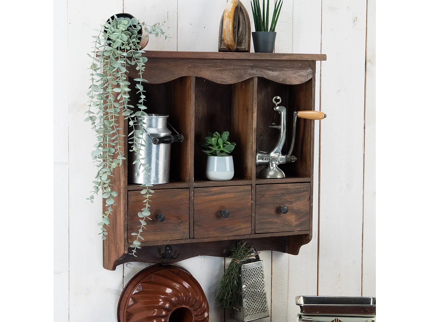 ÉTAGÈRE MURALE Belle Bois de mahogany, avec 3 tiroirs et crochets marron foncé