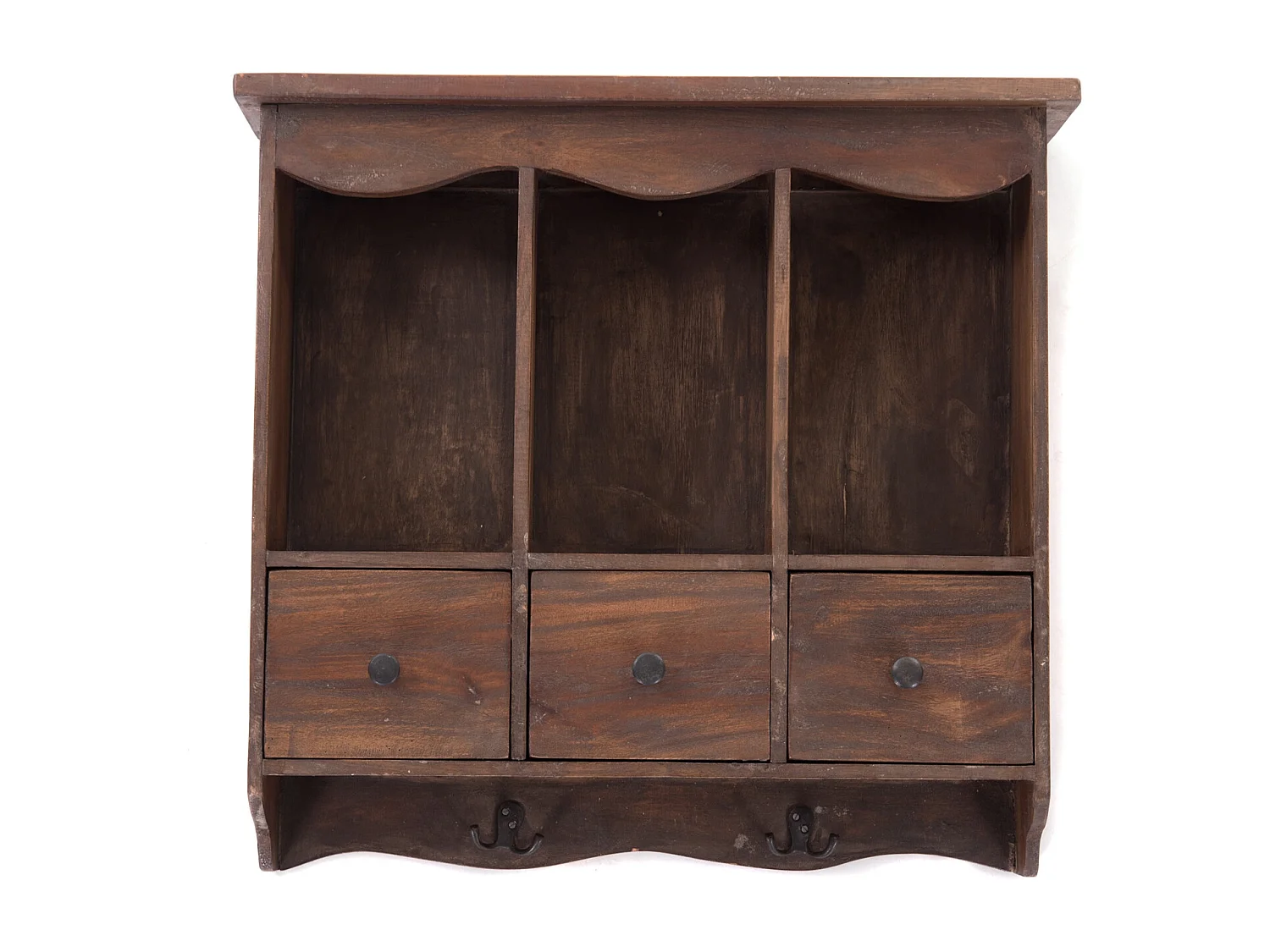 ÉTAGÈRE MURALE Belle Bois de mahogany, avec 3 tiroirs et crochets marron foncé