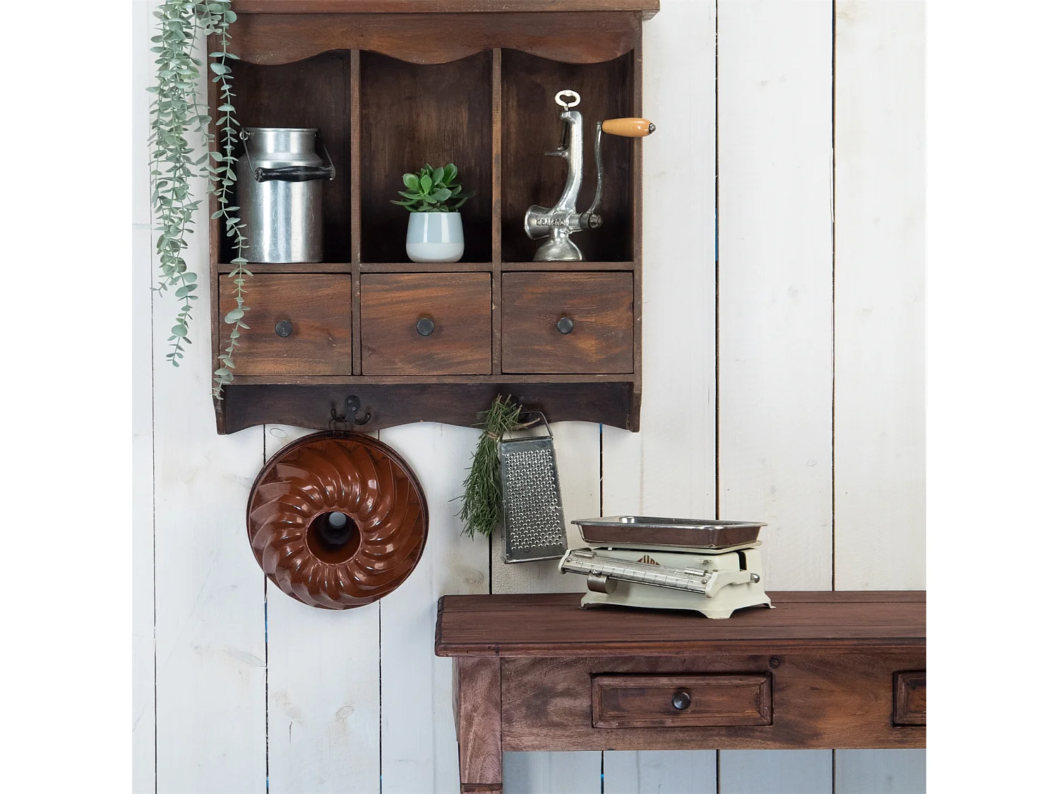 ÉTAGÈRE MURALE Belle Bois de mahogany, avec 3 tiroirs et crochets marron foncé