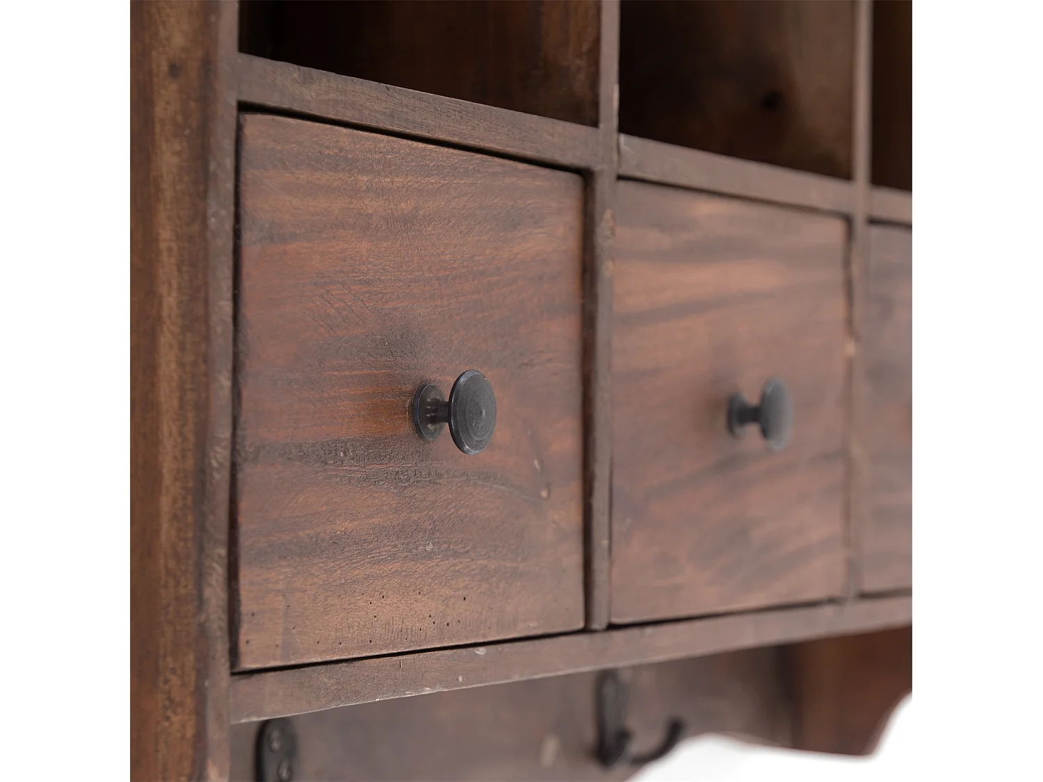 ÉTAGÈRE MURALE Belle Bois de mahogany, avec 3 tiroirs et crochets marron foncé